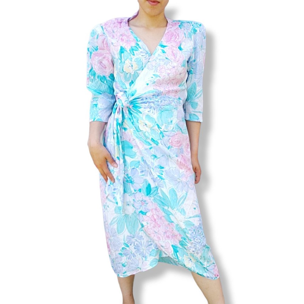 Vintage 80's Young Edwardian Satin Floral Wrap Dress Night Gown Small